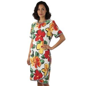Vintage Bill Blass Floral Sheath Dress 6 - Red Yellow Hibiscus & Checkered Trim